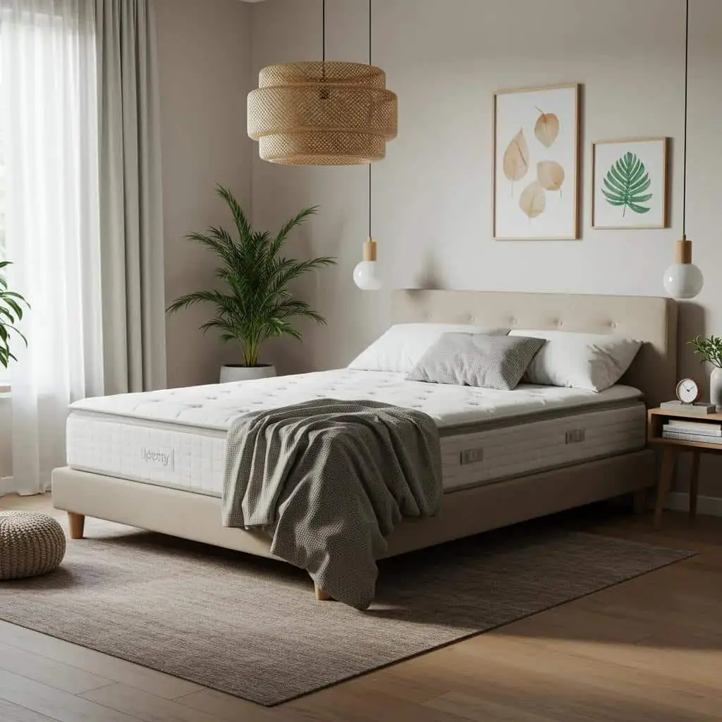 Wellness bedroom featuring a cooling mattress, natural bedding, and plants, promoting restful sleep and comfort.