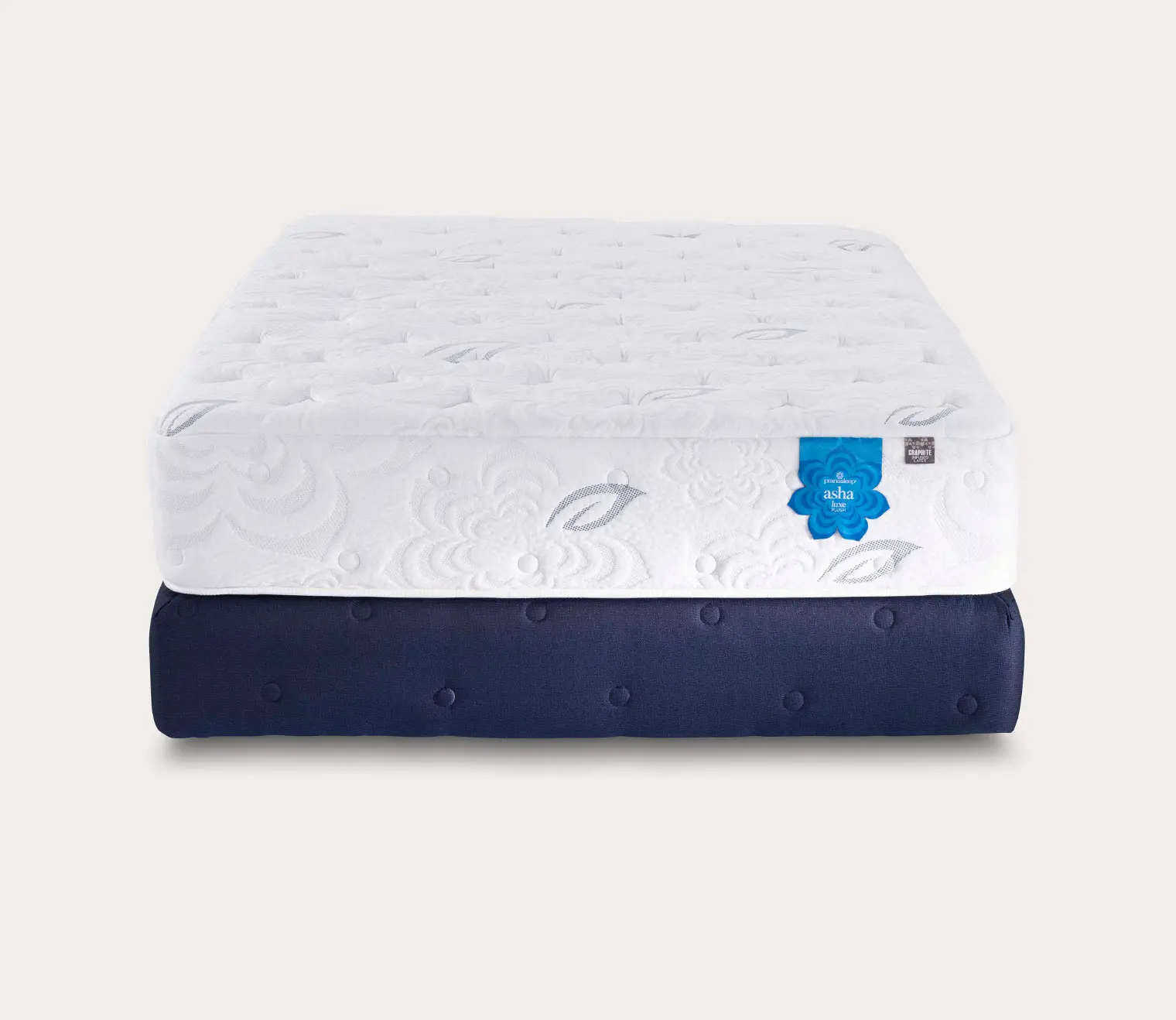 Pranasleep Asha Luxe Hybrid 3 PranaSleep Asha Luxe Hybrid mattress with white quilted top and navy base, showcasing premium all-latex comfort and organic materials for optimal sleep support.