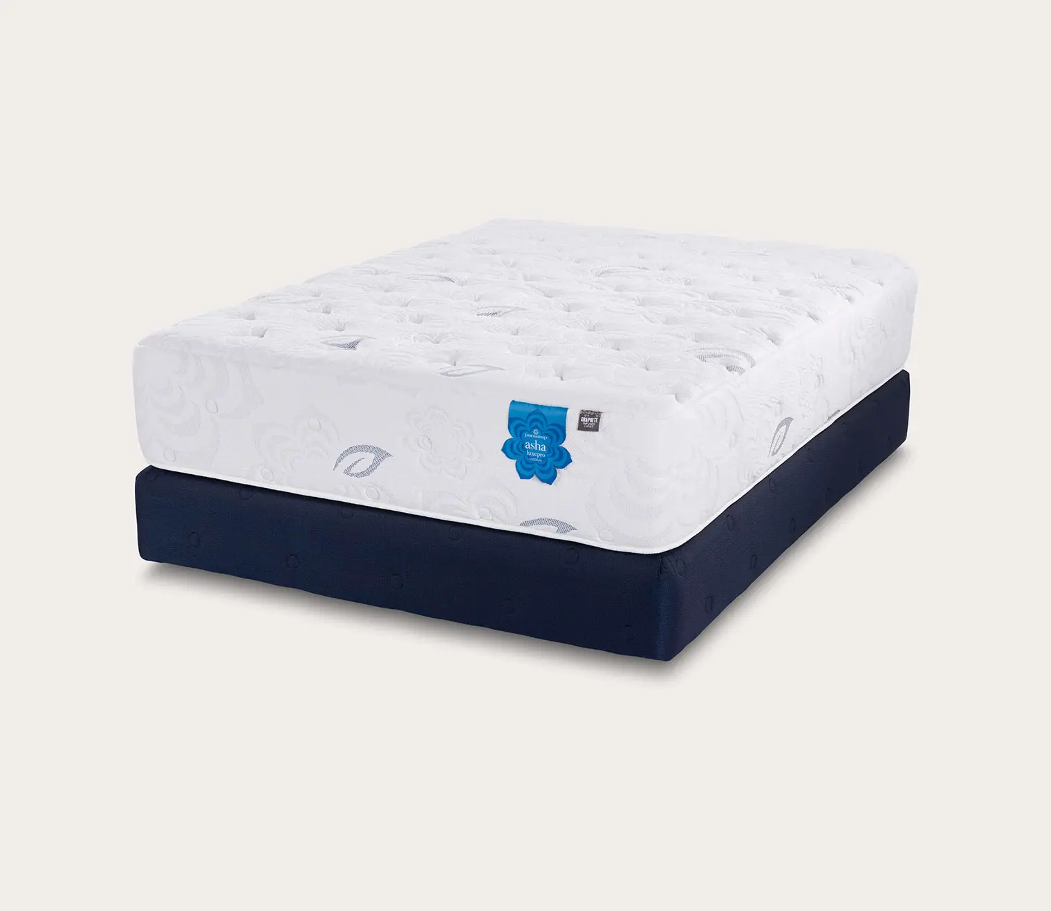 Pranasleep Asha Luxe Hybrid 5 PranaSleep Asha Luxe Hybrid mattress featuring a plush white quilted surface and dark blue base, emphasizing premium all-latex comfort and natural materials for enhanced sleep quality.