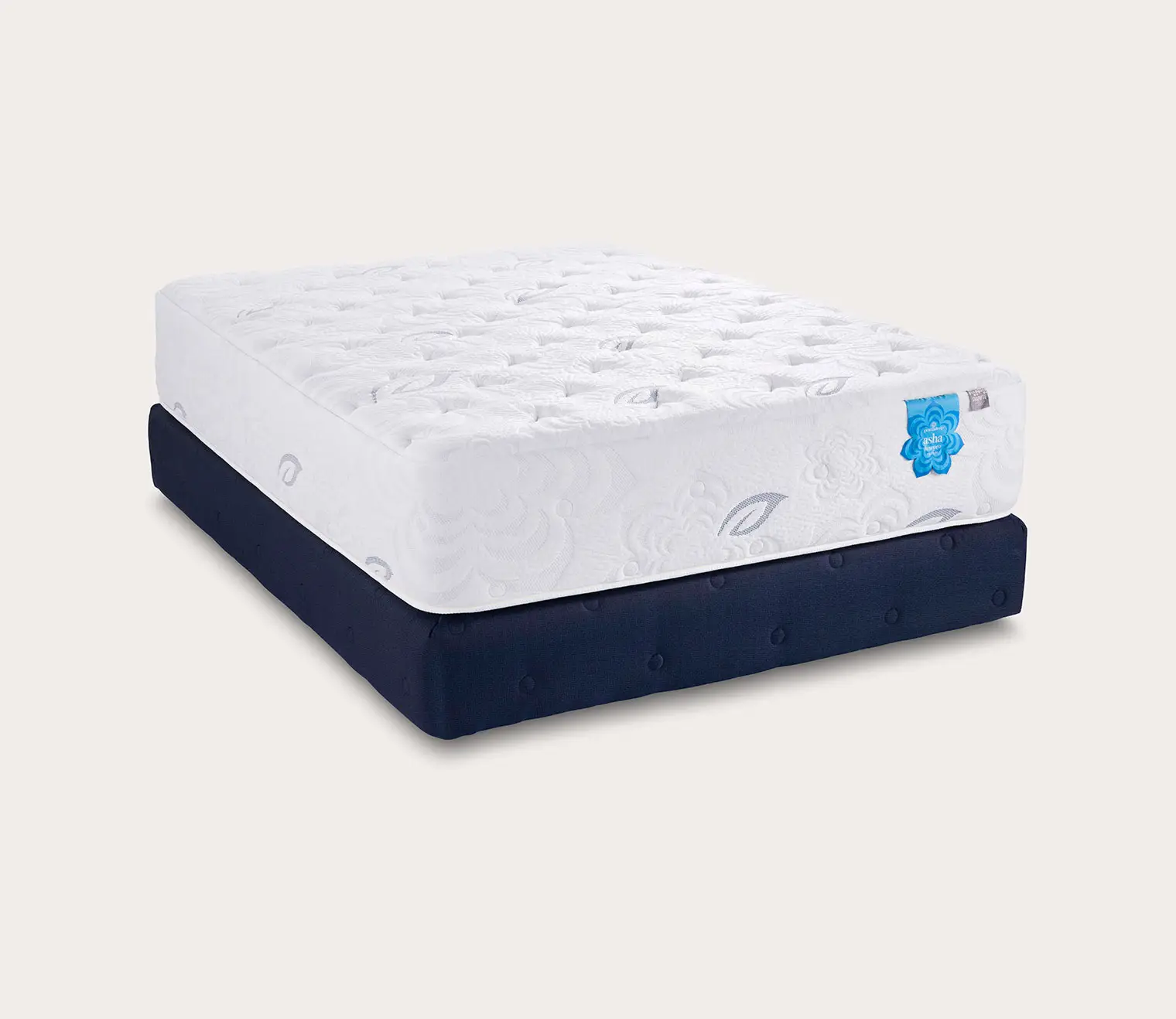 Pranasleep Asha Luxe Hybrid 6 PranaSleep Asha Luxe Hybrid mattress featuring a plush white top layer and navy blue base, designed for premium comfort with Talalay latex and organic materials.