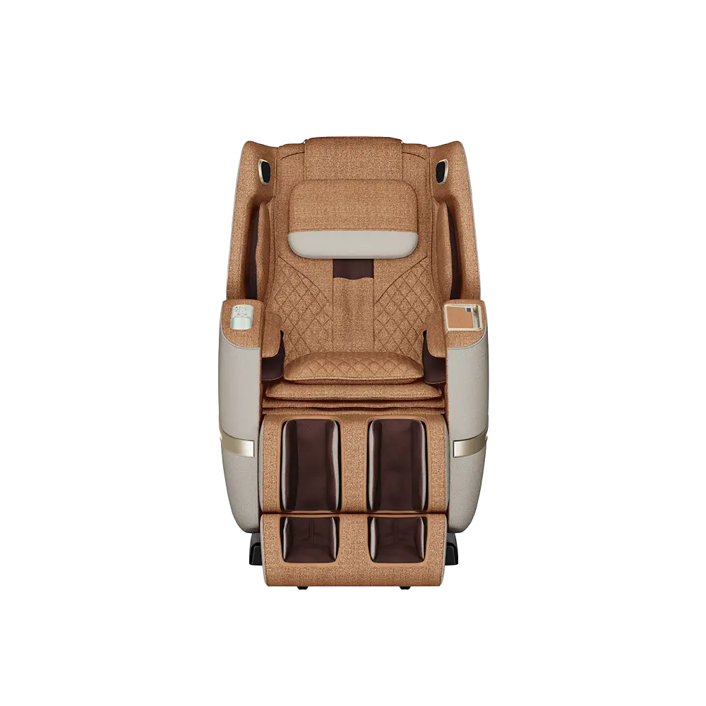 Positive Posture Solara 2 Positive Posture Solara massage chair in Butterscotch color, featuring a sleek design, quilted upholstery, and integrated foot rollers for therapeutic relief.