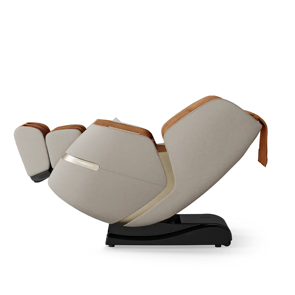 Positive Posture Solara 4 Positive Posture Solara massage chair in butterscotch color, featuring a sleek design with faux felt accents, showcasing its therapeutic capabilities and modern aesthetic.
