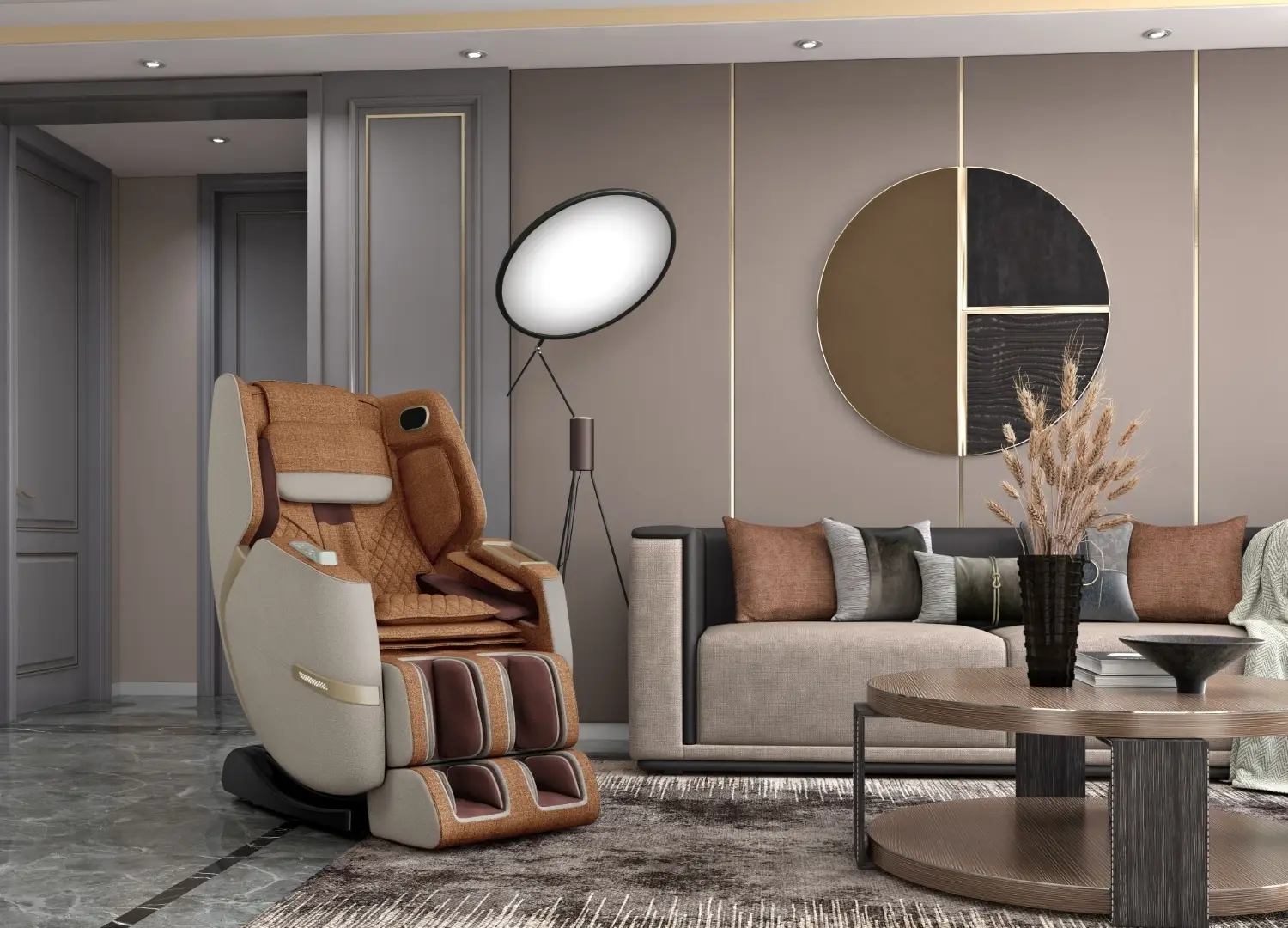 Positive Posture Solara 14 Positive Posture Solara massage chair in a modern living room setting, featuring a butterscotch color scheme, stylish decor, and a cozy atmosphere.