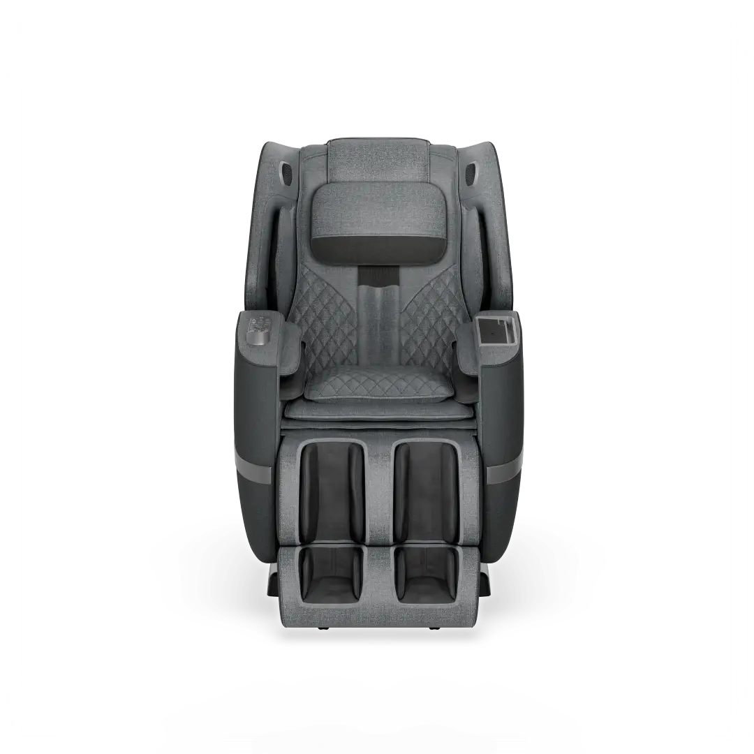 Positive Posture Solara 7 Positive Posture Solara massage chair in pewter color, featuring a sleek design with ergonomic support, quilted upholstery, and foot massage components, ideal for therapeutic relaxation and home decor.