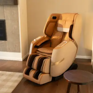 Massage chair in a cozy setting, featuring a blend of beige and brown upholstery, designed for comfort and relaxation, relevant to sleep enhancement products at Healthy ZZZ's.