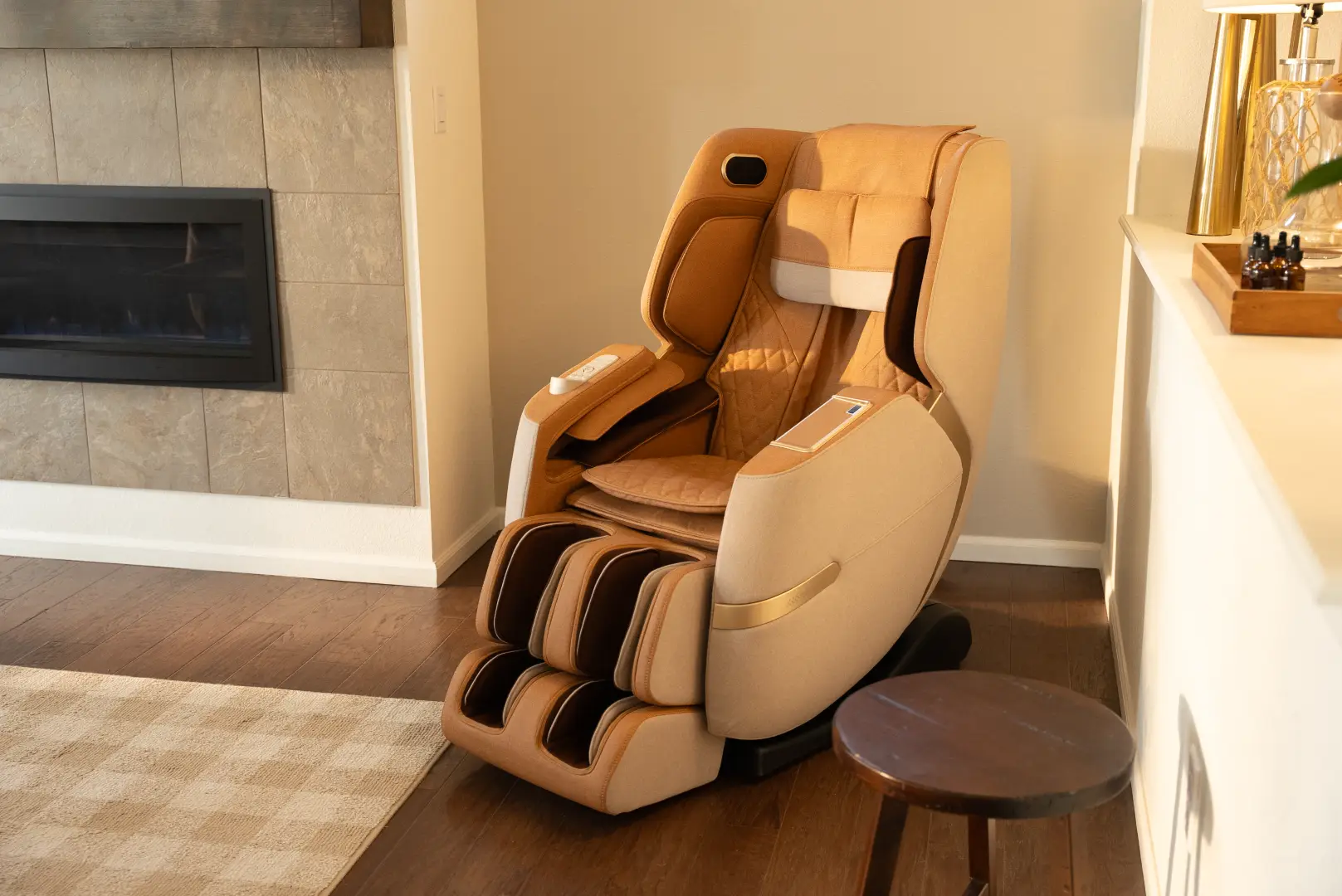 Positive Posture Solara 1 Positive Posture Solara massage chair in a modern living room, featuring a sleek design and plush upholstery, positioned next to a fireplace and a small side table.
