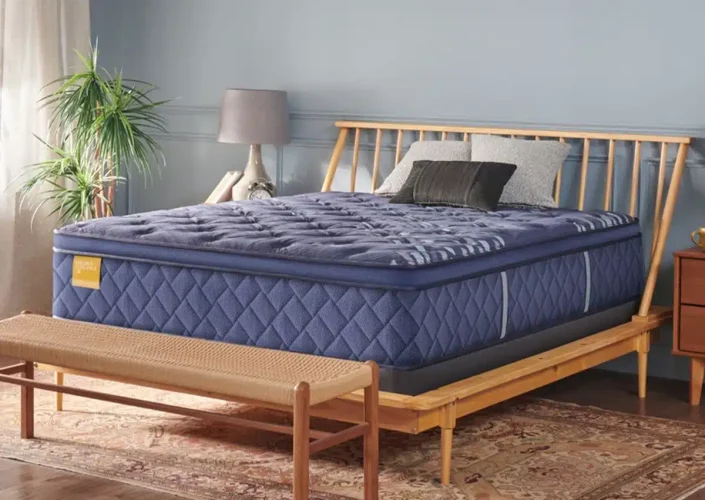 Sealy mattress on a wooden bed frame with a blue cover, accompanied by decorative pillows and a plant, showcasing comfort and style in a modern bedroom setting.