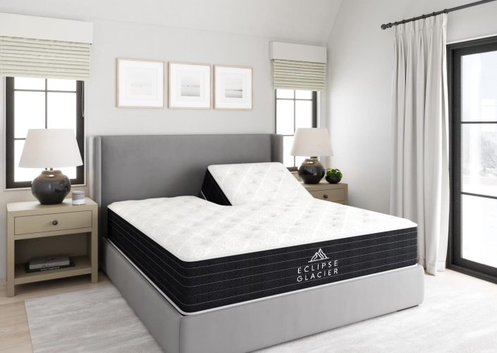Eclipse Glacier mattress displayed in a modern bedroom setting, featuring adjustable head position, surrounded by stylish decor and natural light.