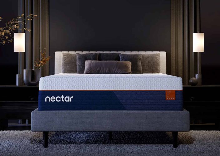 Nectar memory foam mattress displayed on a stylish bed frame in a modern bedroom setting, featuring a soothing color palette and soft lighting for a comfortable sleep environment.
